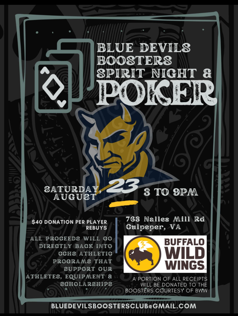 Save the date! Booster Club Charity Poker Tournament, August 23 at Buffalo Wild Wings.
