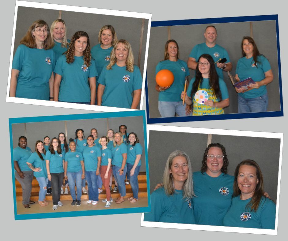 Collage of 4 photographs showing various groups of staff members from Farmington Elementary School, all wearing matching teal school T-shirts. The photos include group shots of 2 to 10 people standing or sitting in front of a gray background in a gym or indoor area
