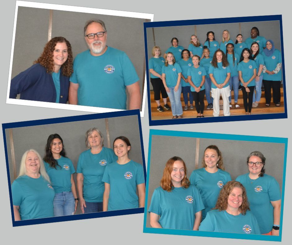 Collage of 4 photographs showing various groups of staff members from Farmington Elementary School, all wearing matching teal school T-shirts. The photos include group shots of 2 to 10 people standing or sitting in front of a gray background in a gym or indoor area