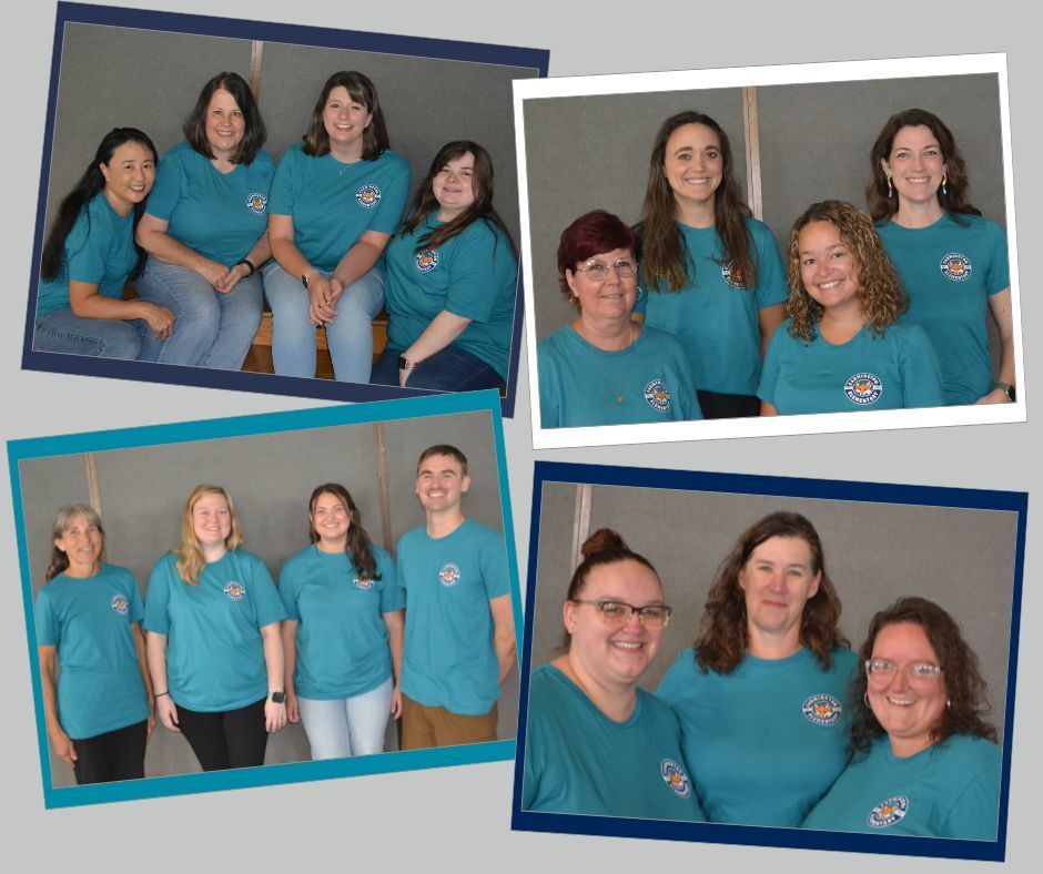 Collage of 4 photographs showing various groups of staff members from Farmington Elementary School, all wearing matching teal school T-shirts. The photos include group shots of 2 to 10 people standing or sitting in front of a gray background in a gym or indoor area