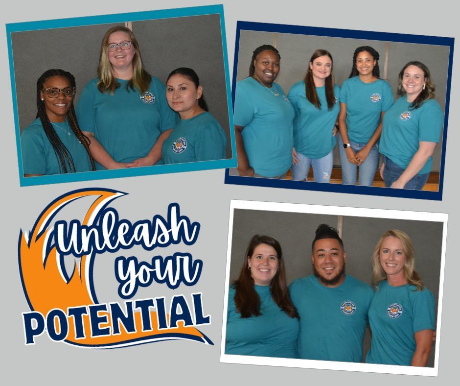Collage of 3 photographs showing various groups of staff members from Farmington Elementary School, all wearing matching teal school T-shirts. The photos include group shots of 2 to 10 people standing or sitting in front of a gray background in a gym or indoor area. Bottom left corner reads unleash your potential