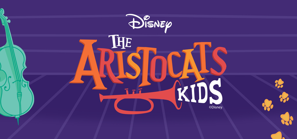 Logo for Disney’s The Aristocats Kids on a purple background with horizontal lines. The word “Aristocats” is in large orange and yellow letters, with a trumpet forming the letter “O.” “The” appears in smaller white letters above, and “Kids” in white letters to the right. A teal cello is on the left side, and a trail of orange cat paw prints runs across the bottom right corner.