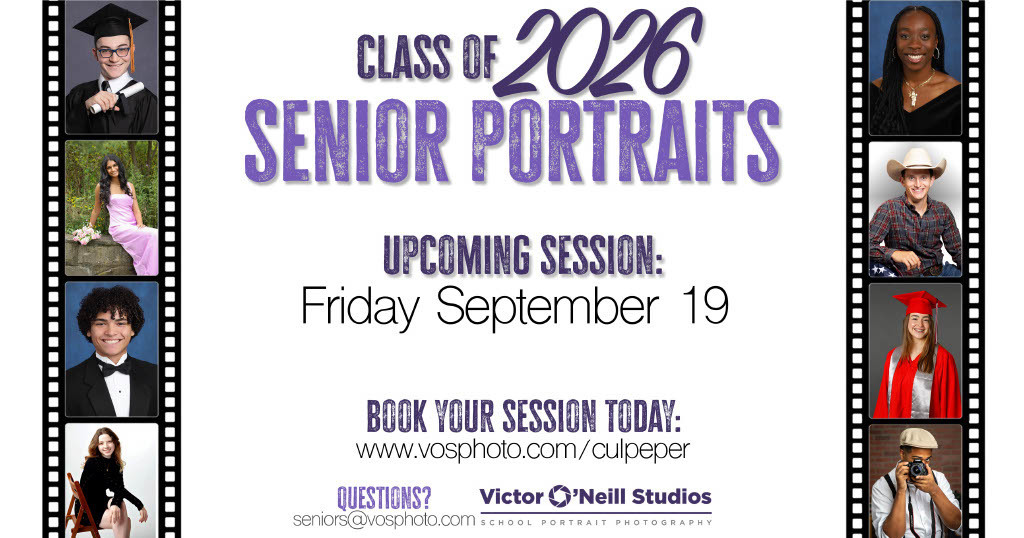 “Class of 2026 Senior Portraits” announcement. The flyer states the upcoming session is Friday, September 19. It instructs students to book their session at www.vosphoto.com/culpeper. Contact email for questions is seniors@vosphoto.com.