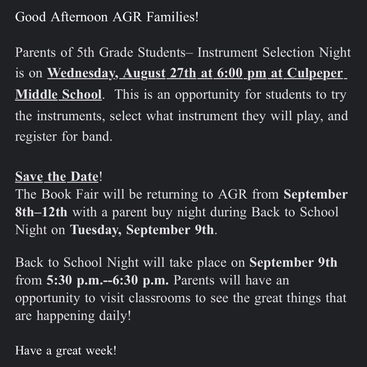 Today's robo call! If you do not receive phone calls or emails, please call the school to ensure you're signed up to receive notifications at (540) 825-0616.