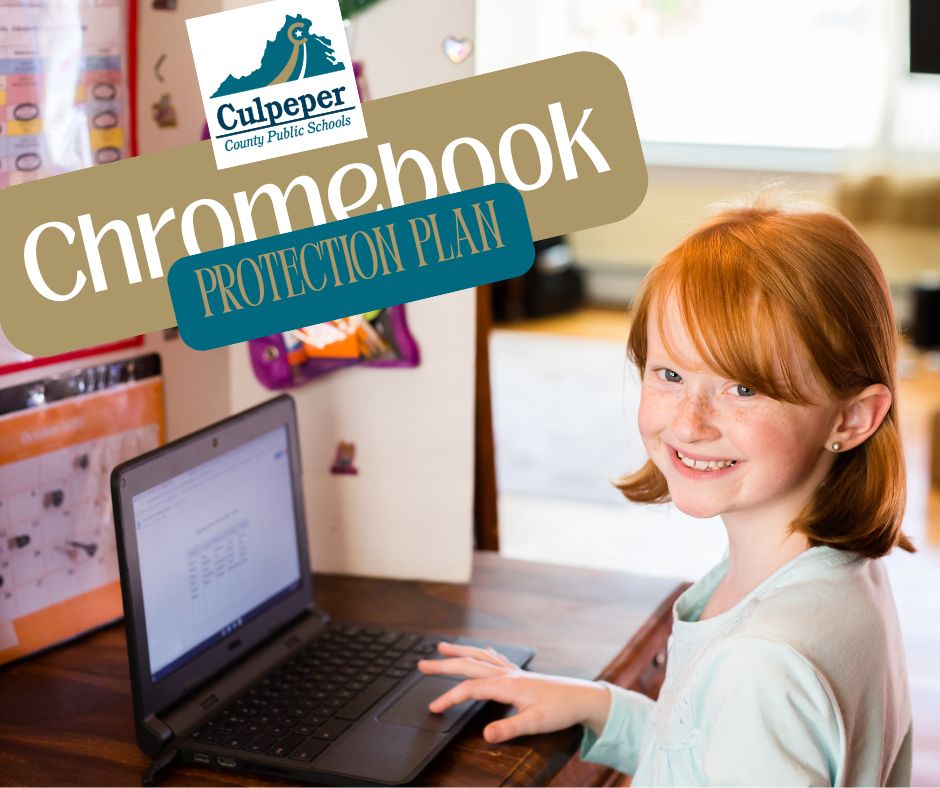 child using chromebook with CCPS logo and lettering that says chromebook protection plan