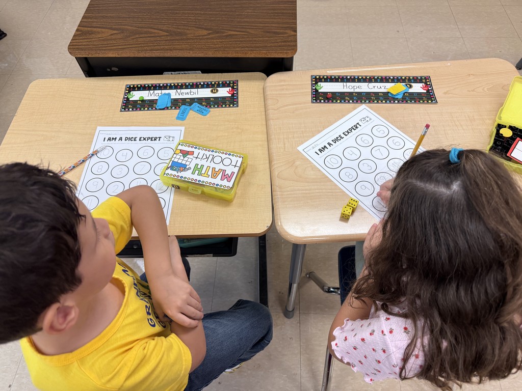 Two young students sit side by side at desks, each working on a math activity sheet titled “I Am a Dice Expert.” They have pencils, dice, and small math toolkits on their desks. The sheet shows numbers in circles, and the students are engaged in rolling dice and recording answers.