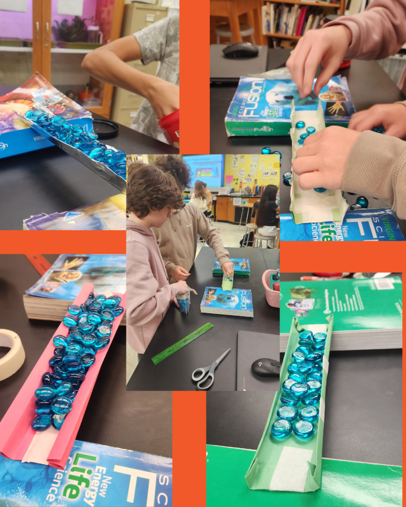 Collage of middle school students testing paper bridges in a science classroom. The bridges, made from folded and taped paper, are placed between stacks of textbooks and tested by adding blue glass stones as weights. Students are seen building, reinforcing, and testing different bridge designs using tape, scissors, and rulers.