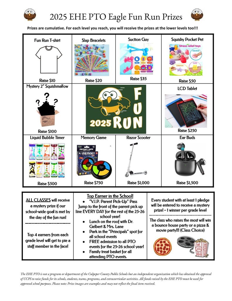 Emerald Hill Elementary PTO Eagle Fun Run 2025 Prizes flyer. Prizes are cumulative at different fundraising levels. $10 – Fun Run T-shirt; $20 – Slap Bracelets; $35 – Suction Guy toy; $50 – Squishy Pocket Pet; $100 – Mystery 2-inch Squishmallow; $250 – LCD Tablet; $500 – Liquid Bubble Timer; $750 – Memory Game; $1,000 – Razor Scooter; $1,500 – Earbuds. All classes receive a mystery prize if the school goal is met. Top four earners in each grade level get to pie a staff member in the face. Top earner in the school gets rewards including a VIP Parent Pick-Up Pass, lunch on the roof with the principal and assistant principal, special parking spot, free PTO event admission, and family gift basket. Every student with at least one pledge is entered to win a mystery prize. The class raising the most money will win either a bounce house party or a pizza and movie party.