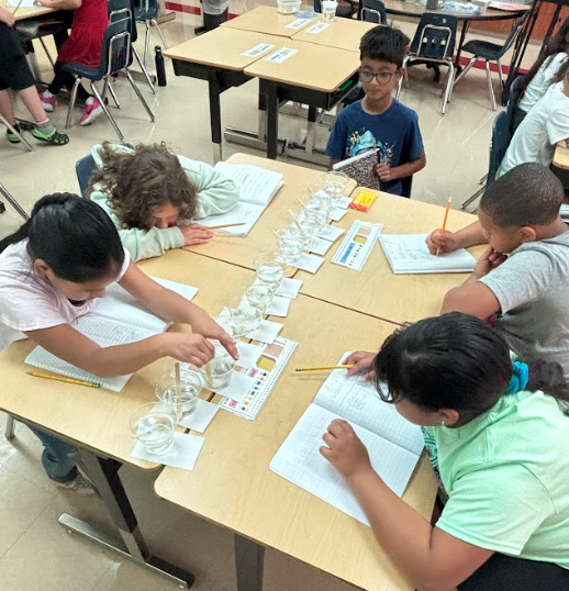 Group of four students – Four children seated at a table with clear cups of water, pH strips, and notebooks, actively writing and testing as part of a science experiment.