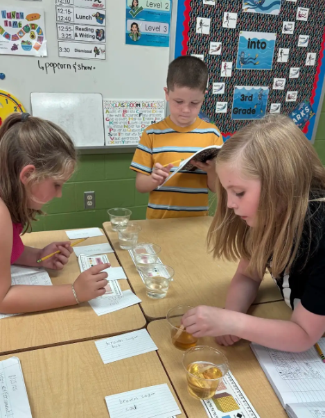 Three students at table – Two girls and one boy conducting an experiment with clear and amber-colored liquids in cups, while recording observations in their science notebooks.