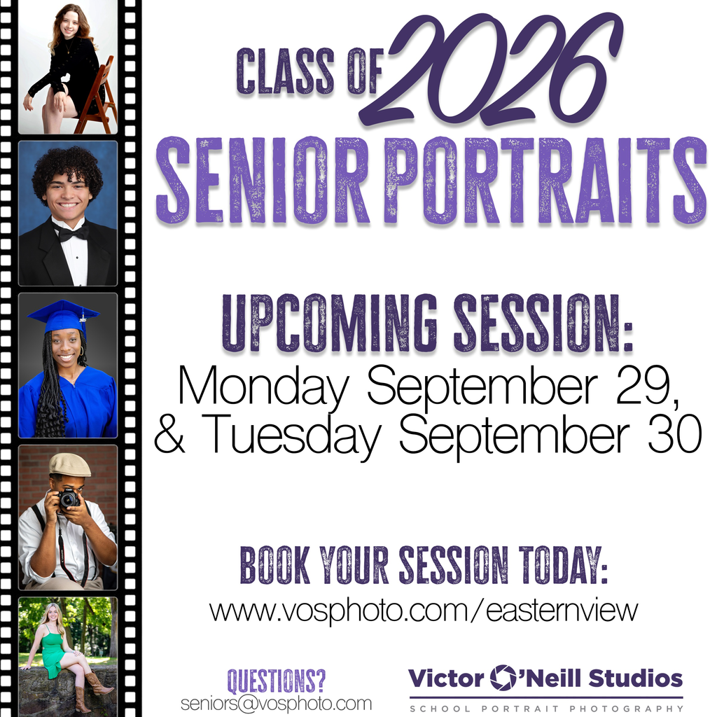 The graphic is an announcement for Class of 2026 Senior Portraits. The text is large and bold, with “2026” written in oversized purple script and “Senior Portraits” in all-caps block letters.  It says:  Upcoming Session: Monday, September 29, & Tuesday, September 30  Book Your Session Today: www.vosphot.com/easternview