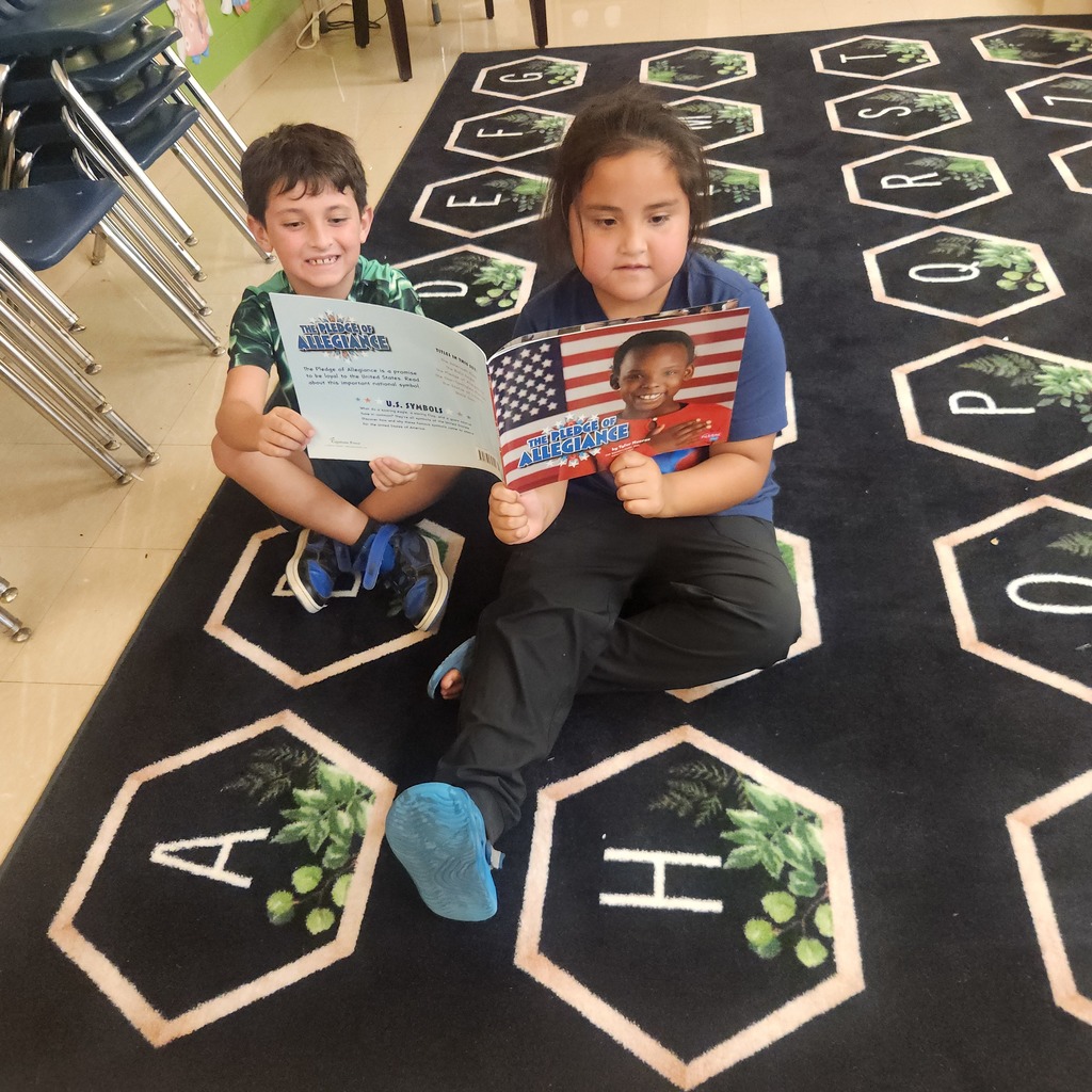two students sit on a patterned classroom rug, each holding a book titled The Pledge of Allegiance. One book shows the front cover with a smiling child against an American flag background, while the other student holds the back cover.