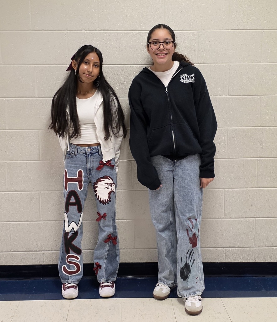 Two students stand side by side in front of a beige brick wall. The student on the left wears a white top, white hoodie, and jeans decorated with the word “HAWKS” in large red and white letters, an eagle mascot, and maroon bows down the side. The student on the right wears glasses, a black hoodie, and jeans painted with red and black handprints near the bottom.