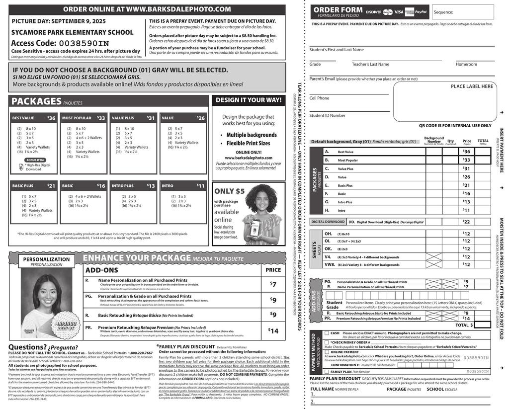 Picture Day order form for Sycamore Park Elementary School on September 9, 2025. Shows package options with prices, add-ons like personalization and retouching, and payment methods. Access Code 0038590IN is displayed for online orders. Form includes student information and family plan discount details.