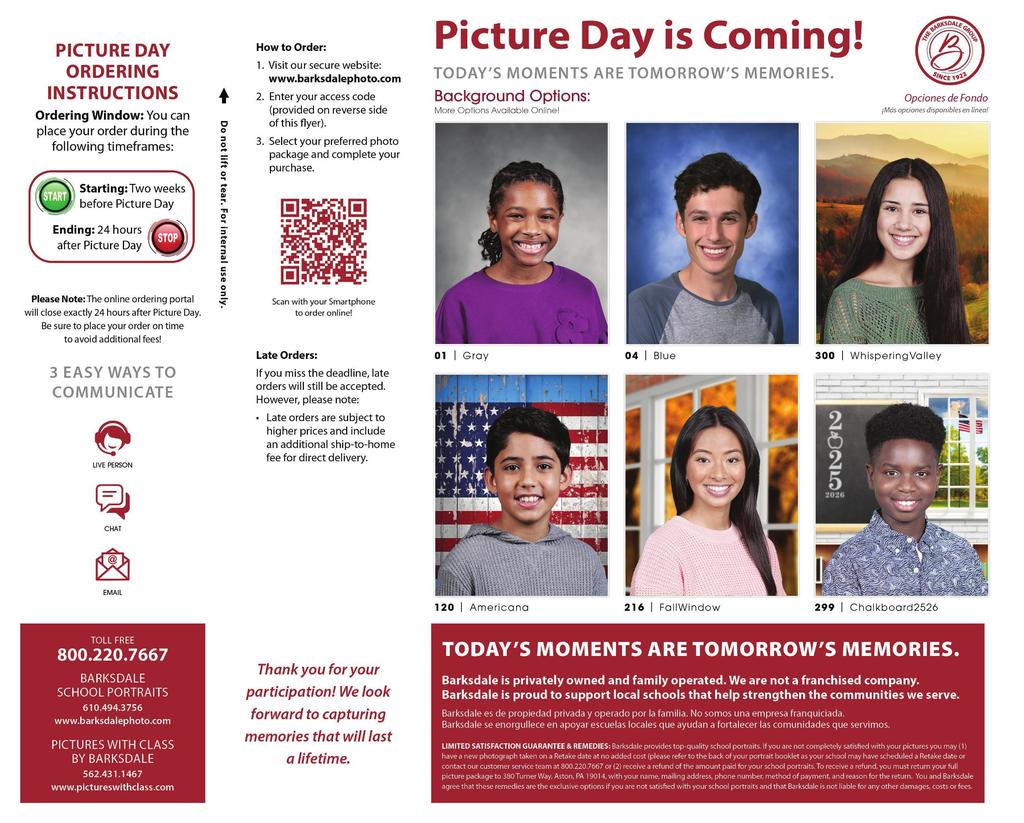 "Picture Day announcement flyer with six student portraits in sample backgrounds. Title reads 'Picture Day is Coming! Today's moments are tomorrow's memories.' Includes ordering instructions, ordering window, QR code for online ordering, and Barksdale contact information."