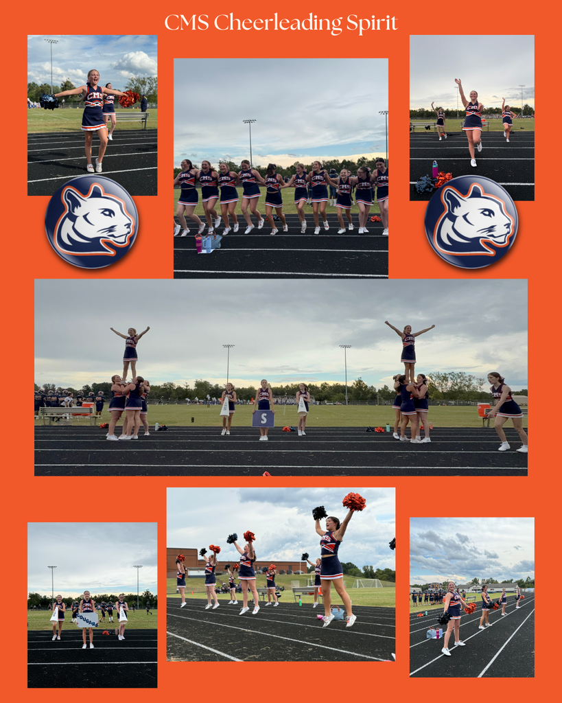 Collage of CMS middle school cheerleaders in blue and orange uniforms with “CMS” on the front, performing cheer routines on the sidelines of a football game. The images show the team holding pom-poms, doing chants, stunts, and formations. The collage is set on an orange background with the title “CMS Cheerleading Spirit” and features the cougar mascot logo.