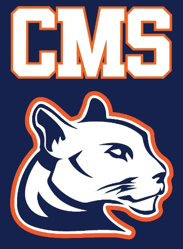 CMS logo featuring bold white block letters outlined in orange above the head of a cougar, outlined in orange, on a dark blue background.