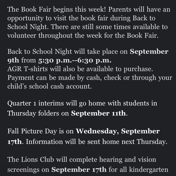 Here is today's robo call. Please note the book fair is this week, and STEM night on Sept. 25!