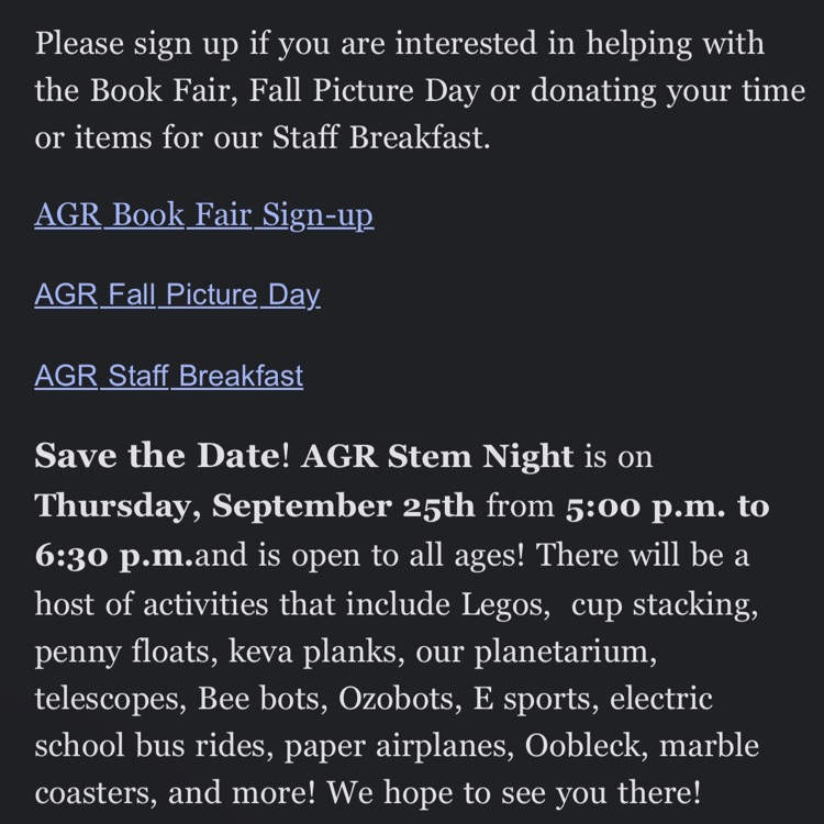 Here is today's robo call. Please note the book fair is this week, and STEM night on Sept. 25!