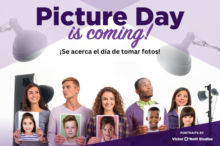 “Flyer that says ‘Picture Day is coming!’ with students holding their school portraits, surrounded by photo studio lights. Text: ‘Portraits by Victor O’Neill Studios.’