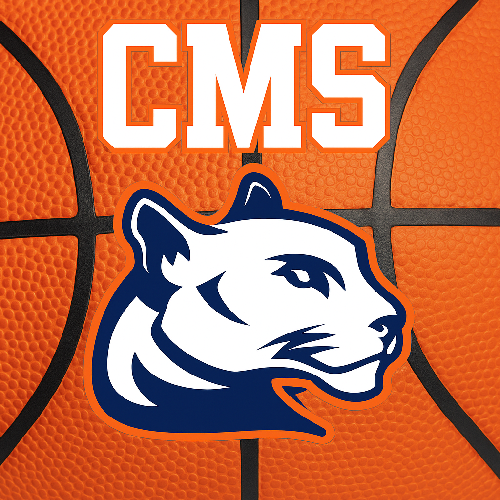 The CMS logo featuring bold white block letters outlined in orange above a cougar head graphic in navy blue and white with an orange outline, placed on an orange basketball background with black seams.