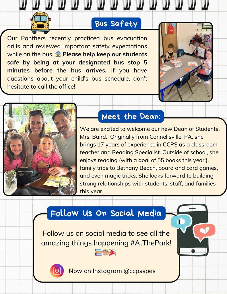 English Title I Newsletter with bus safety reminders, introduction of Dean Mrs. Baird, and social media information with family/student photos.