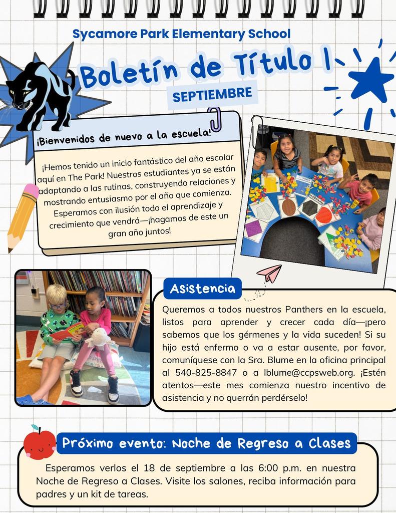 Spanish Title I Newsletter with welcome message, student pictures, attendance reminder, and Back to School Night details for September 18.