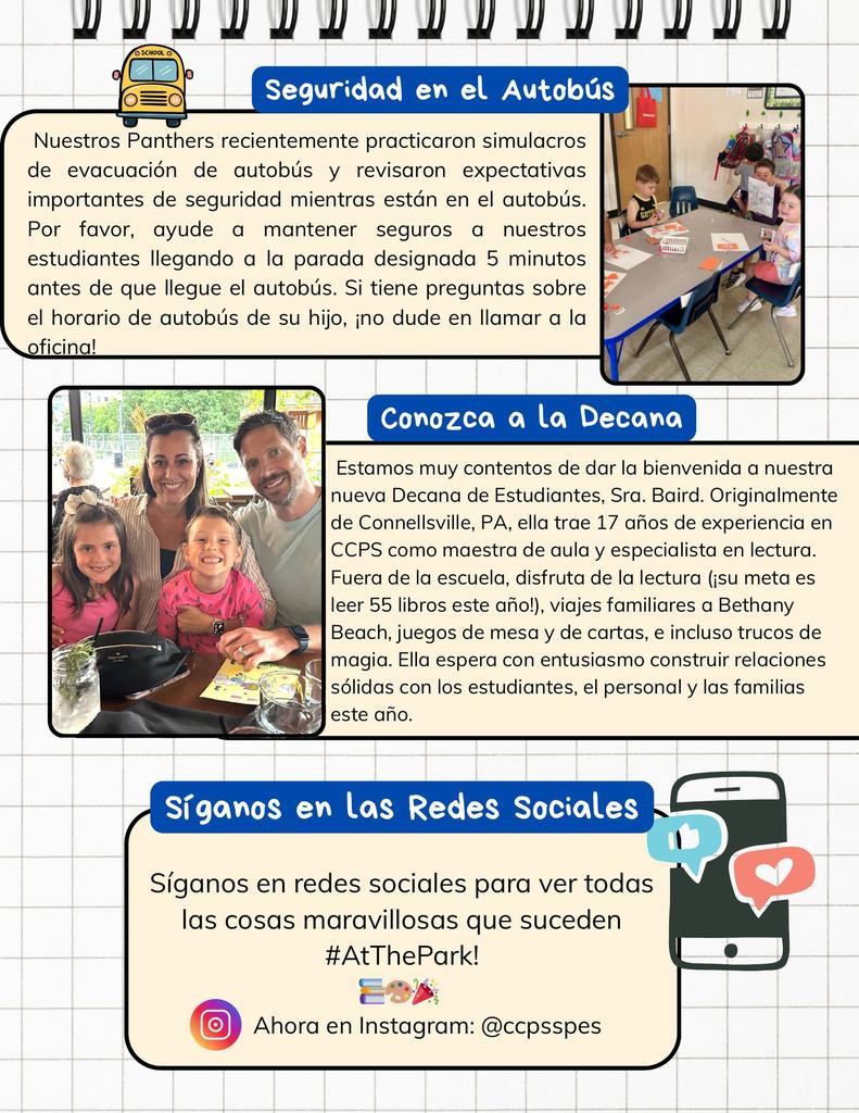 Spanish Title I Newsletter with bus safety reminders, introduction of Dean Sra. Baird, and social media information with family/student photos.
