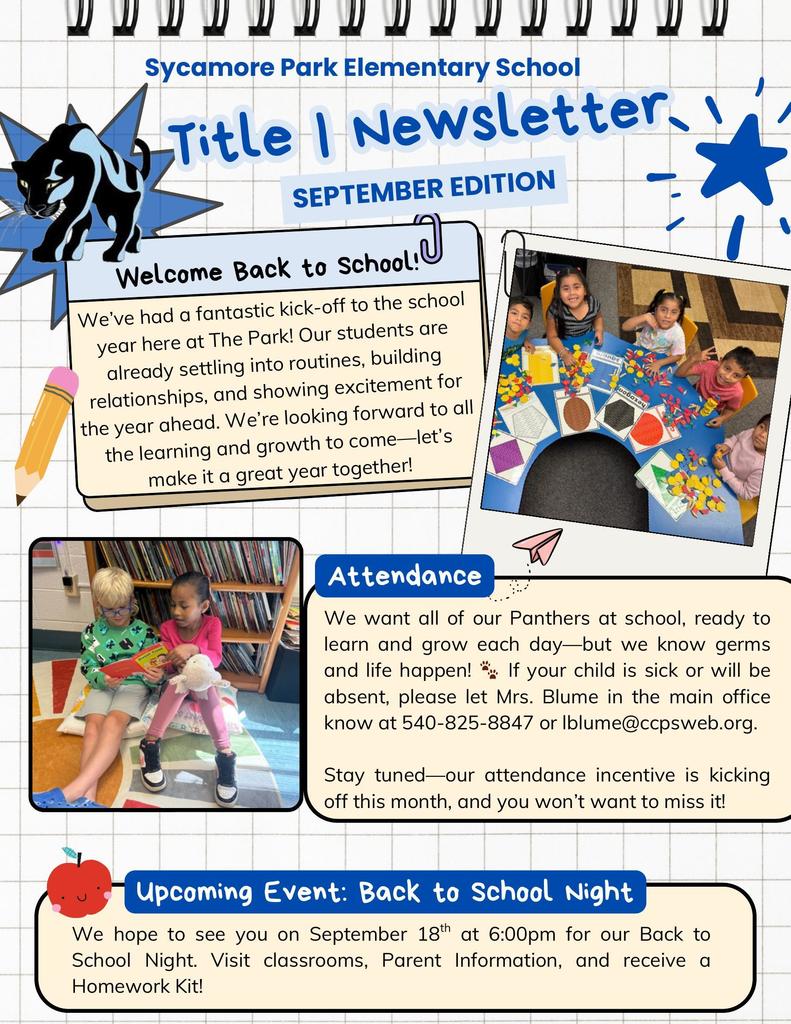 English Title I Newsletter with welcome message, student pictures, attendance reminder, and Back to School Night details for September 18.