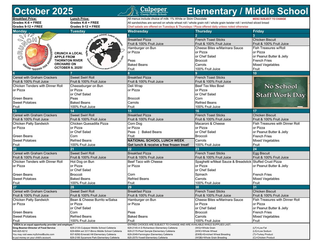 October is just around the corner!  Here's the elementary and middle school lunch menus for next month.