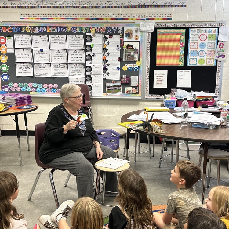Mrs. Loy visited Mrs. McFarland's 3rd grade class today to talk to them about dinosaurs! Did you know that a T-Rex eats 500 pounds of meat in one bite?