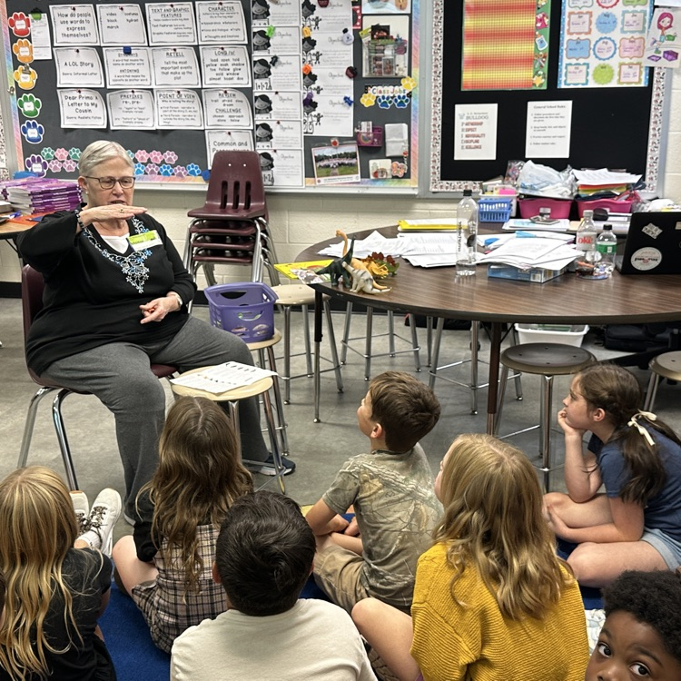 Mrs. Loy visited Mrs. McFarland's 3rd grade class today to talk to them about dinosaurs! Did you know that a T-Rex eats 500 pounds of meat in one bite?