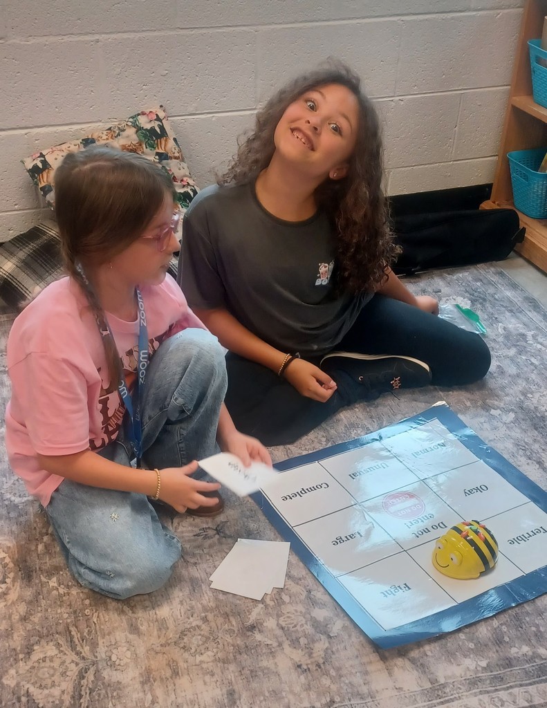 In Ms. Ciccarone's 3rd Grade class, students are pictured here practicing synonyms and antonyms with beebots. Earlier, they were learning to set goals and work toward achieving them! #teamwork