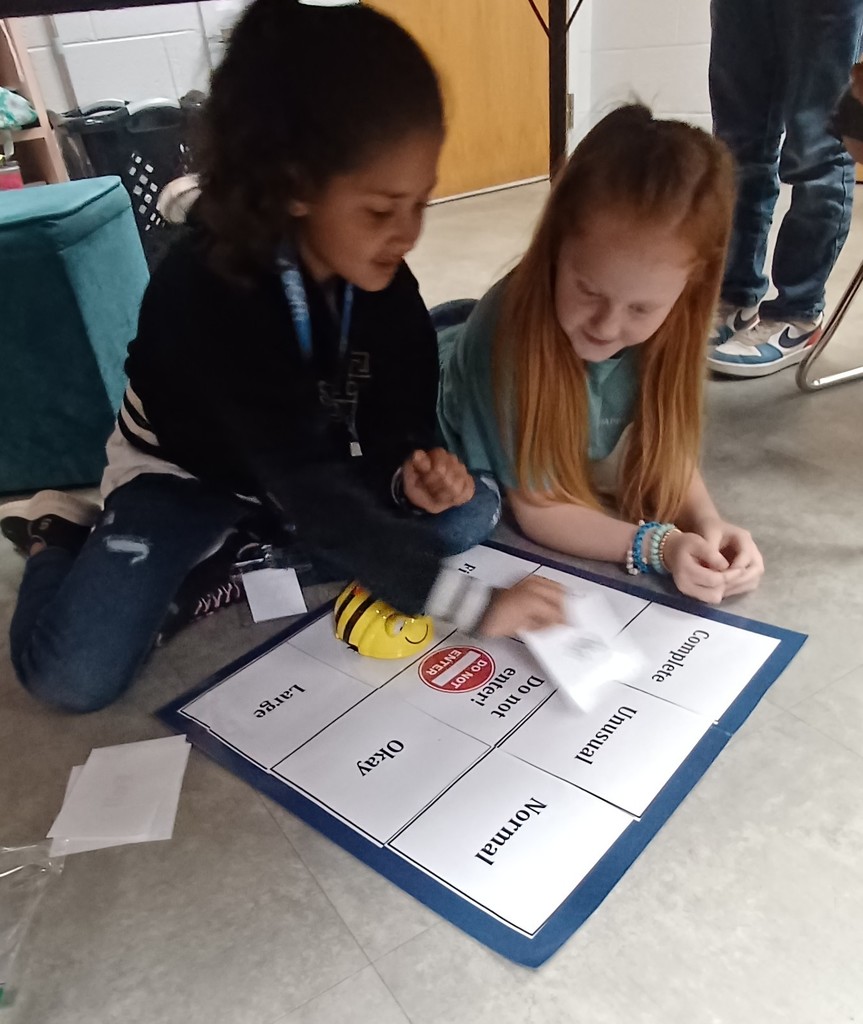 In Ms. Ciccarone's 3rd Grade class, students are pictured here practicing synonyms and antonyms with beebots. Earlier, they were learning to set goals and work toward achieving them! #teamwork