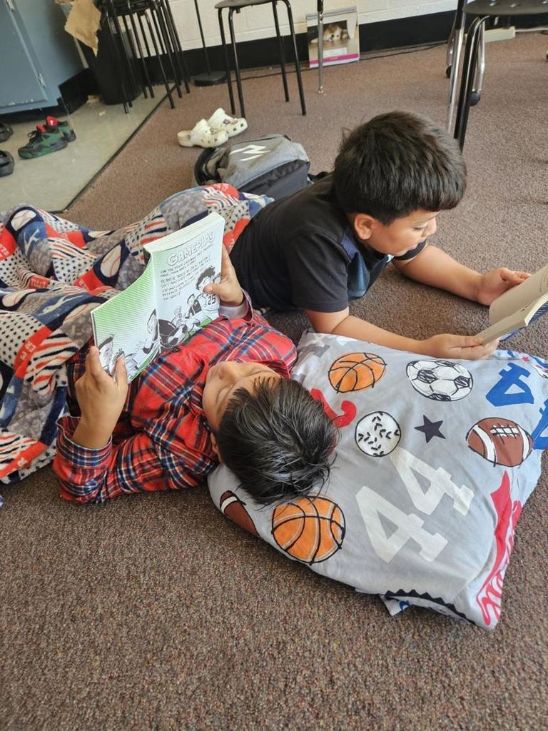 Two boys lie side by side on the floor with a pillow and blanket. Both are reading books, one wearing a red plaid shirt and the other in a black t-shirt.