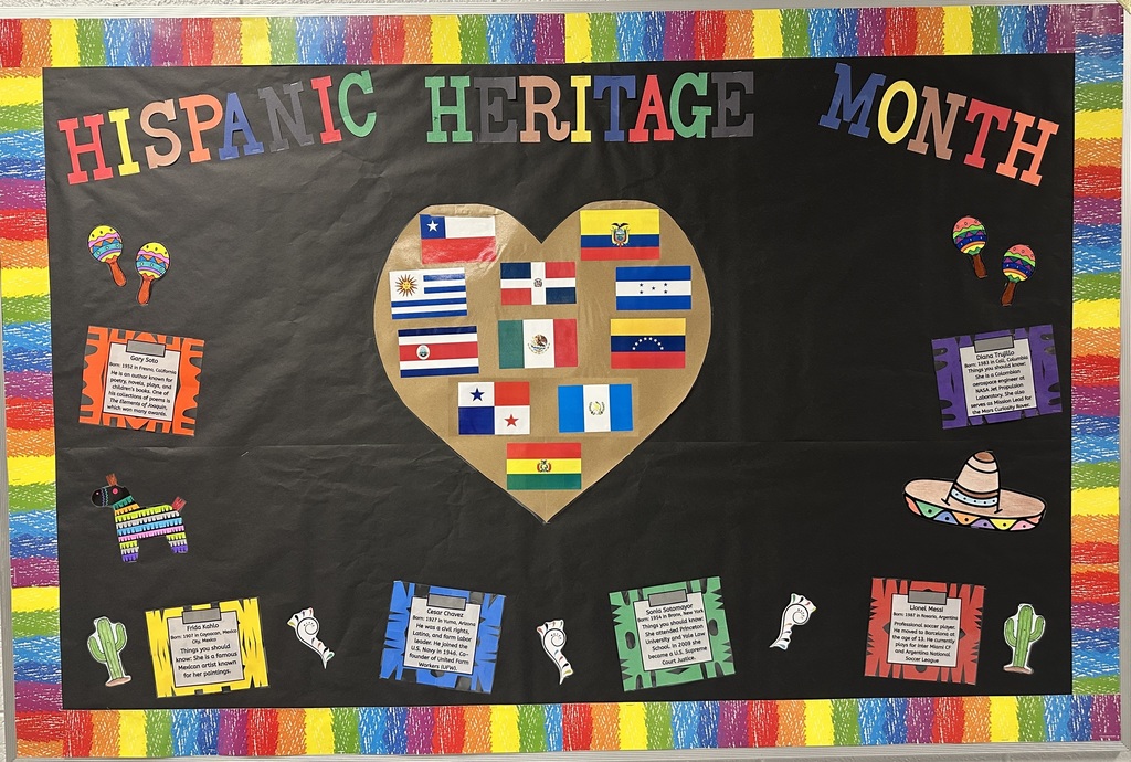 Mrs.Fuentes, AGR's ESL teacher, created a bulletin board in our cafeteria to recognize Hispanic heritage month, which started this week and runs through October 15. Keep an eye out for more activities during this time.
