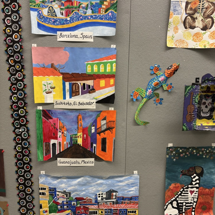 Our art classes are celebrating Hispanic Heritage Month by painting Hispanic cities in perspective, making Amate Bark Paintings, skull paintings for Dia de Los Muertos, and Nicho Boxes. #BDP #BetterEveryDay #ForksUp