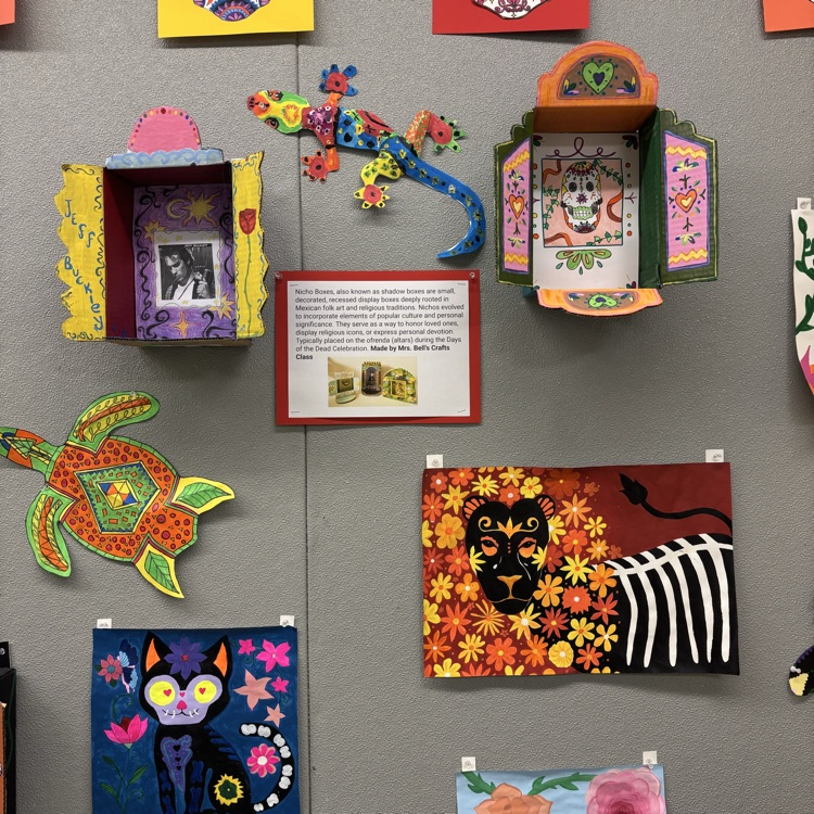 Our art classes are celebrating Hispanic Heritage Month by painting Hispanic cities in perspective, making Amate Bark Paintings, skull paintings for Dia de Los Muertos, and Nicho Boxes. #BDP #BetterEveryDay #ForksUp