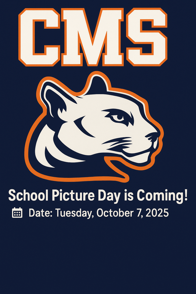 CMS school logo with cougar mascot and text announcing School Picture Day. The flyer reads: 'School Picture Day is Coming! Date: Tuesday, October 7, 2025.