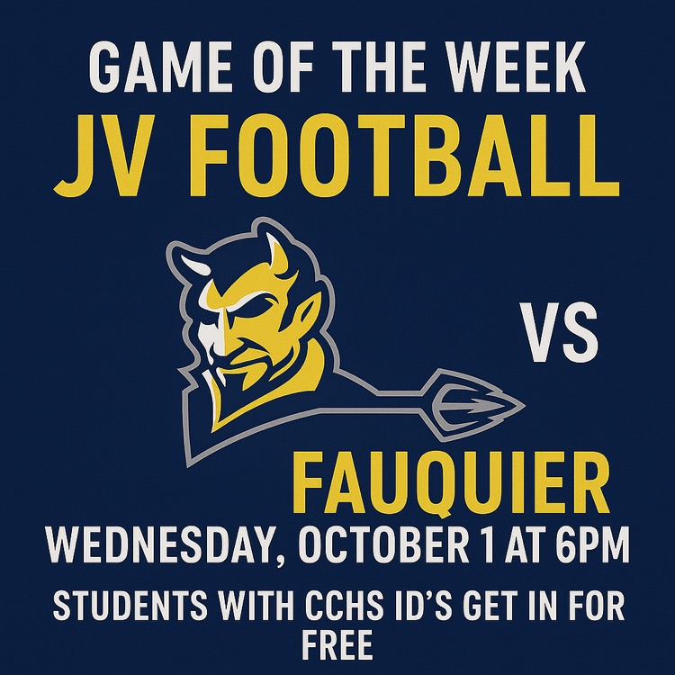 CCHS Game of the Week graphic: JV Football vs Fauquier, Wed Oct 1 at 6 PM. Blue Devil logo with “VS” to the right. Free entry with CCHS ID.