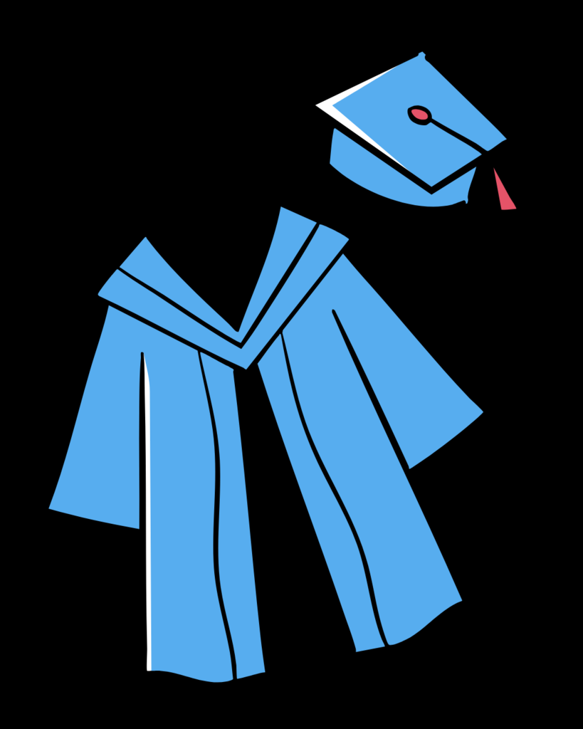 Black background with a blue graduation cap and gown.