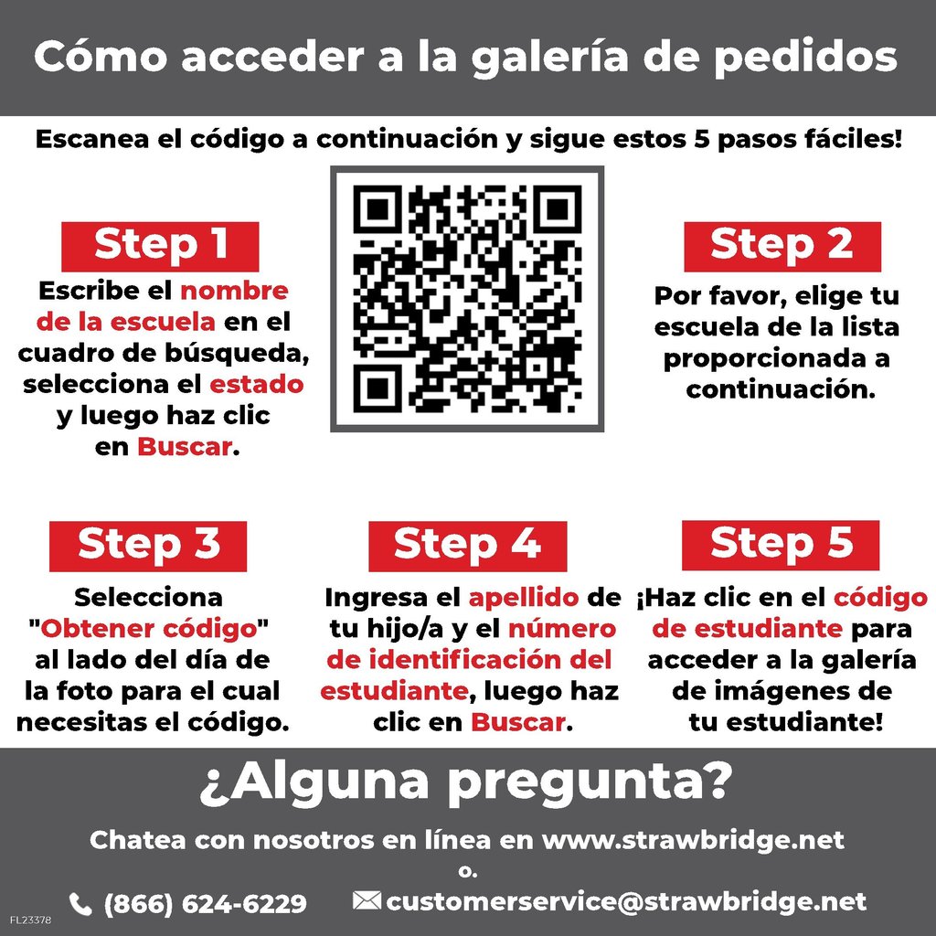 Image showing Spanish instructions on accessing an order gallery in five steps, featuring a QR code and contact details for customer support.