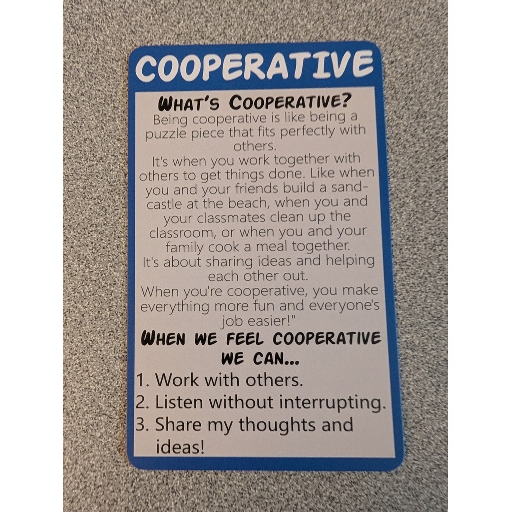 Cooperative character card — A card defining “Cooperative,” describing working with others, and listing ways to show cooperation.