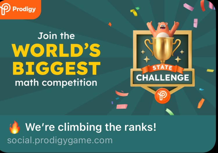 🏆 We did it! My school won the #ProdigyStateChallenge in the Titan tier!  Next stop: The Prodigy National Cup in May!  👉 Join the #ProdigyStateChallenge: