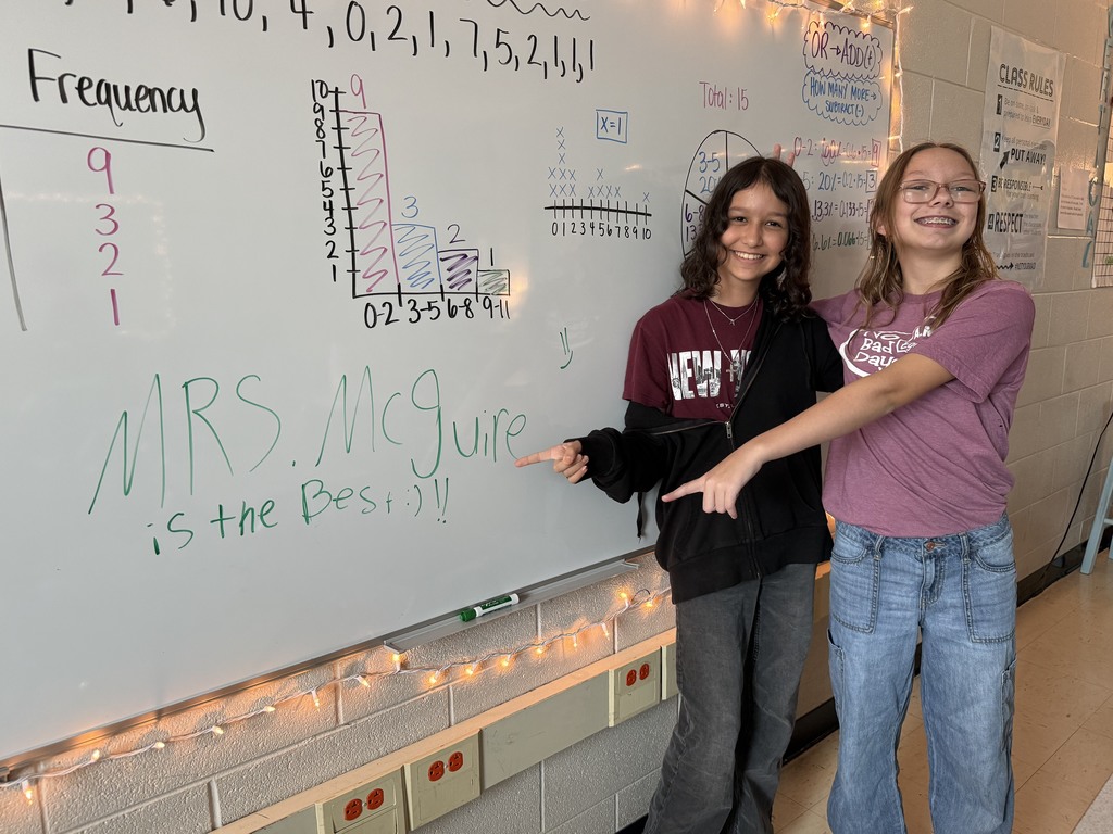 Two smiling students in casual clothes point at a whiteboard with math-related charts and the message "Mrs. McGuire is the best! :)" written on it.