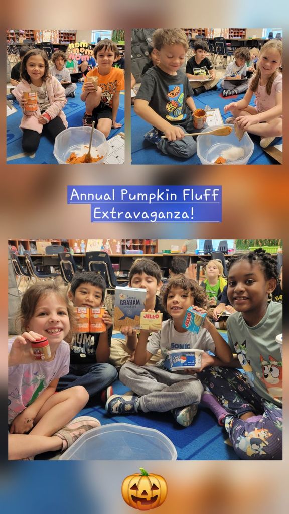 Students sit together on a classroom carpet smiling and holding ingredients for a “Pumpkin Fluff” recipe. The top row of photos shows children mixing ingredients like pumpkin puree and whipped topping in a large bowl. The bottom photo shows another group holding items such as Cool Whip, Jell-O pudding mix, graham crackers, and pumpkin puree. Text on the image reads “Annual Pumpkin Fluff Extravaganza!” with a jack-o’-lantern emoji.