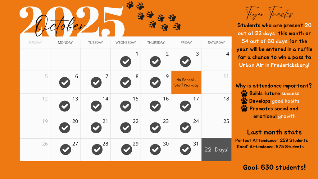 An orange October 2025 calendar outlining all the days of the month and how to win the attendance challenge.
