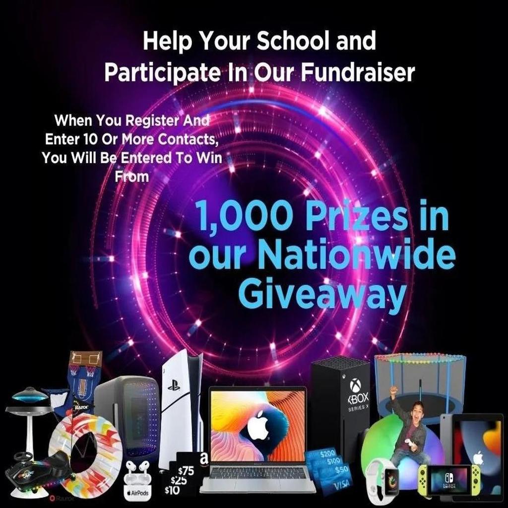 Fundraiser giveaway poster showing electronics like PlayStation, Xbox, MacBook, AirPods, and gift cards with text about winning 1,000 prizes nationwide.