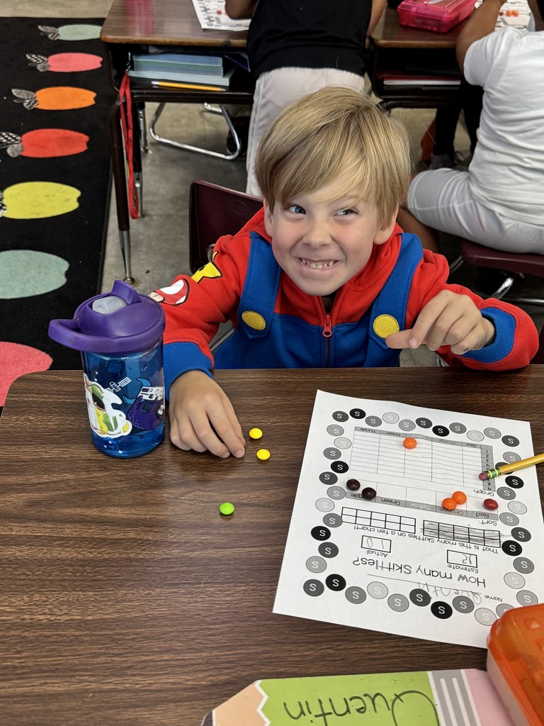 Mrs. Childress’ 1st class practiced their estimation skills today by guessing how many Skittles were in their cups. After estimating, students used tally marks and graphs to record and display their results. The best part—after all that math—they got to enjoy their colorful (and tasty!) treat!