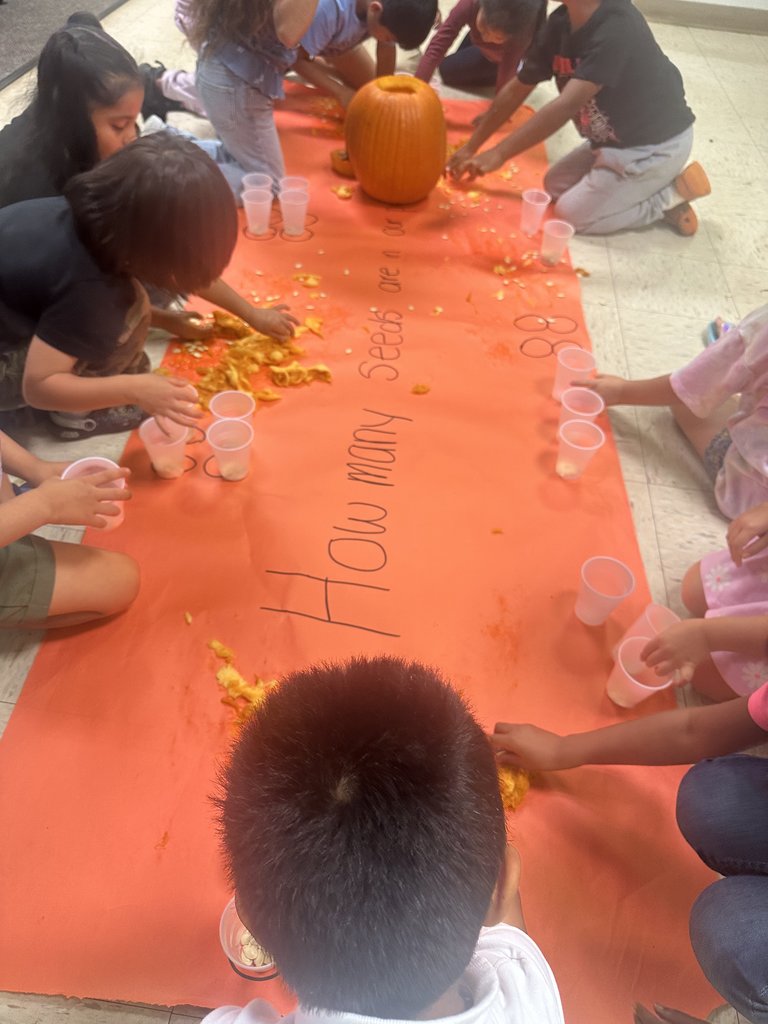 A group of students leaning in as they sort and collect pumpkin seeds from the pulp onto the paper.